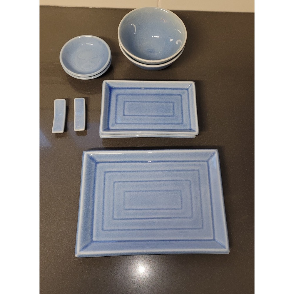 Modern Blue Ceramic 9 Piece Sushi Dinnerware Set Plates Bowls Chopstick Rests